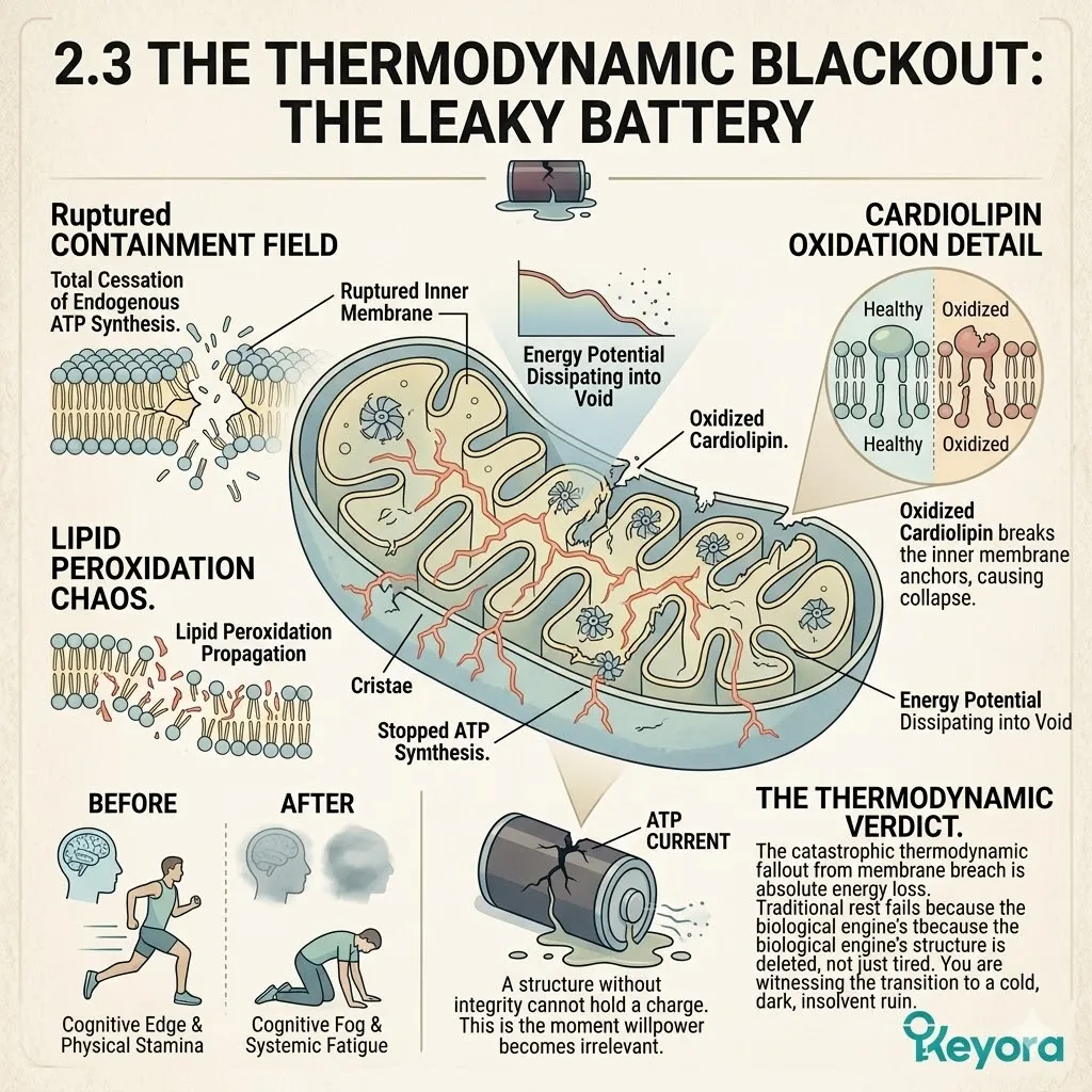 Structural architecture ruin and membrane rupture lead to a total thermodynamic blackout, requiring a systemic regulator to restore the bio-electrical current. Structural architecture ruin and membrane rupture lead to a total thermodynamic blackout, requiring a systemic regulator to restore the bio-electrical current.