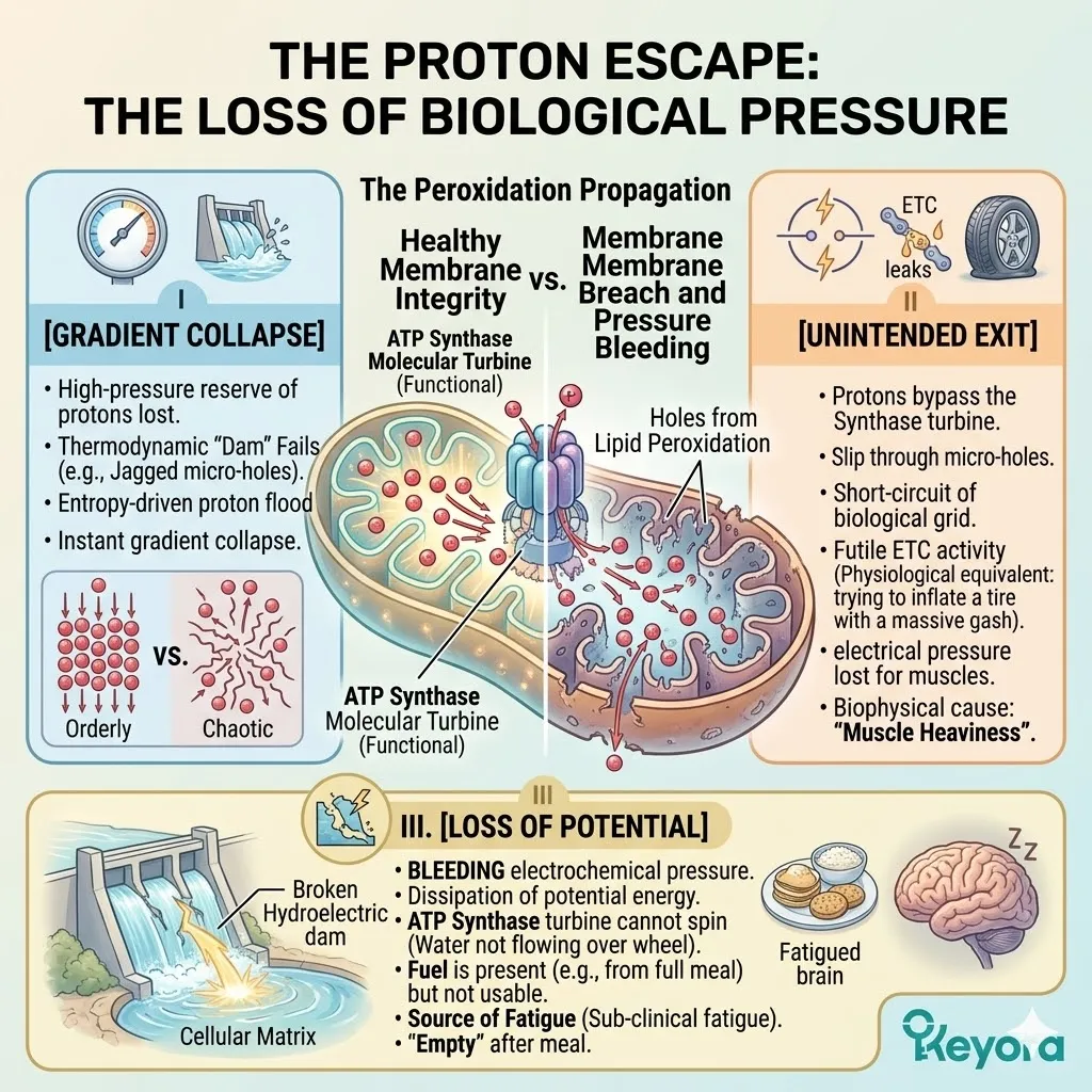 Proton escape and gradient collapse via membrane ruptures trigger a biological short-circuit, requiring a systemic regulator to restore electrochemical pressure. Proton escape and gradient collapse via membrane ruptures trigger a biological short-circuit, requiring a systemic regulator to restore electrochemical pressure.