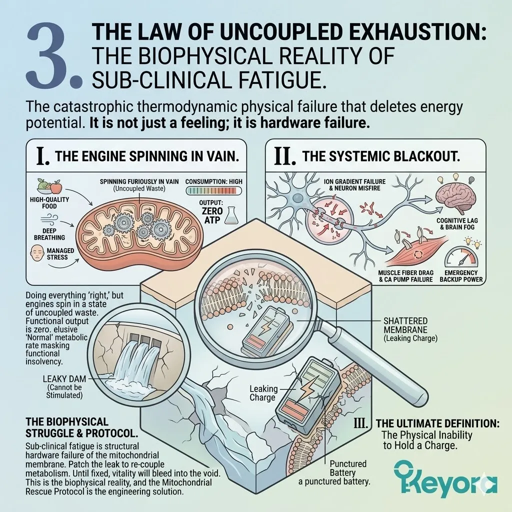 Systemic blackout and uncoupled exhaustion occur when leaking mitochondrial batteries dissipate ATP potential, requiring a systemic regulator to fix the hardware failure. Systemic blackout and uncoupled exhaustion occur when leaking mitochondrial batteries dissipate ATP potential, requiring a systemic regulator to fix the hardware failure.