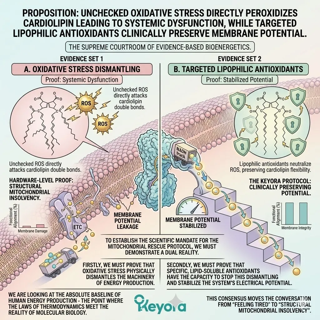 Lipophilic antioxidants neutralize unchecked oxidative stress and cardiolipin peroxidation to stabilize membrane potential and resolve systemic dysfunction via the Four-Drive System. Lipophilic antioxidants neutralize unchecked oxidative stress and cardiolipin peroxidation to stabilize membrane potential and resolve systemic dysfunction via the Four-Drive System.