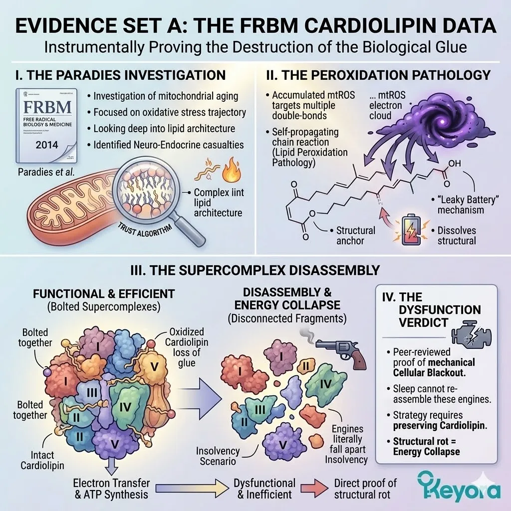 Paradies investigation proves cardiolipin peroxidation triggers supercomplex disassembly and systemic energy failure, requiring a regulator to fix structural rot. Paradies investigation proves cardiolipin peroxidation triggers supercomplex disassembly and systemic energy failure, requiring a regulator to fix structural rot.