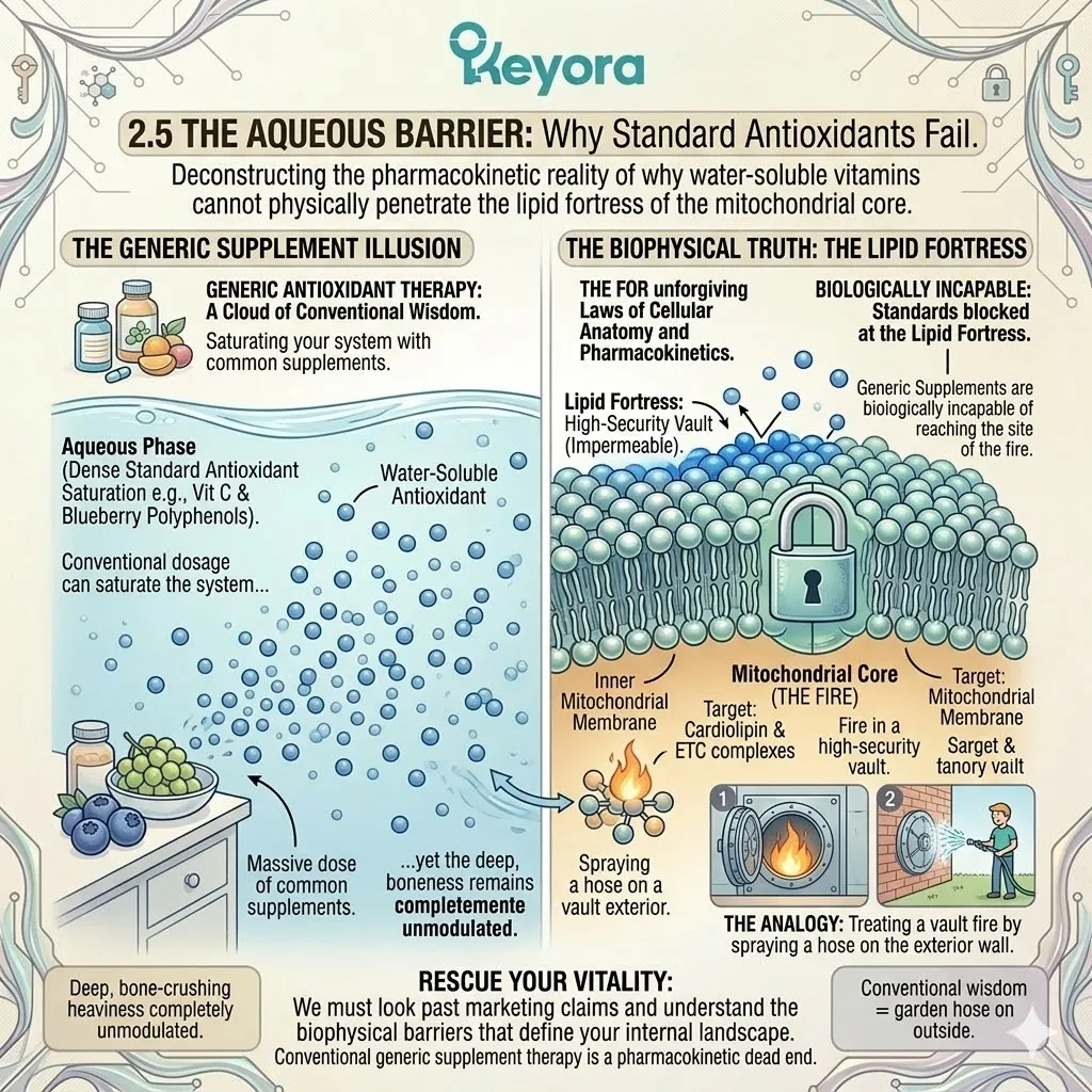 Aqueous antioxidants fail to penetrate the lipid fortress of the mitochondrial core, requiring a systemic regulator to breach the double-locked vault. Aqueous antioxidants fail to penetrate the lipid fortress of the mitochondrial core, requiring a systemic regulator to breach the double-locked vault.