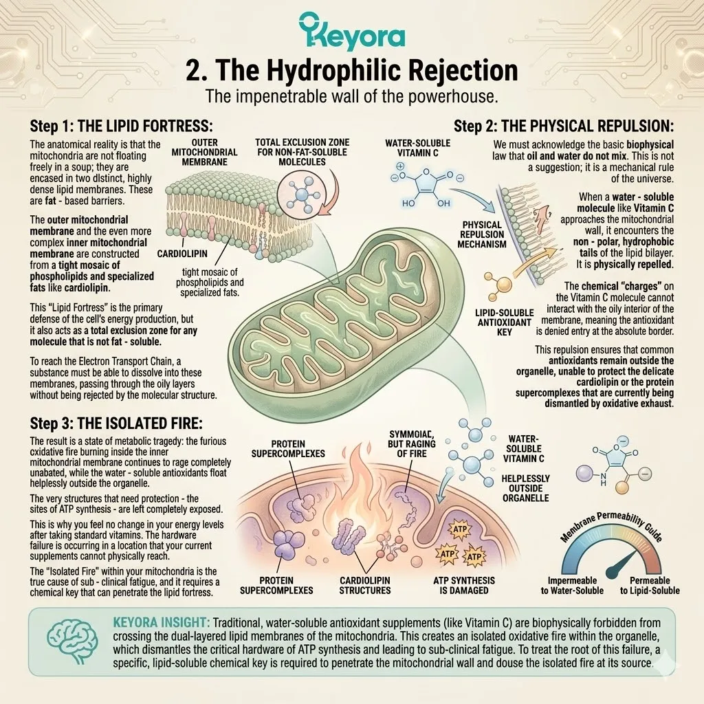 Mitochondrial lipid membranes physically repel hydrophilic antioxidants, leaving the inner oxidative fire unabated without a lipophilic systemic regulator. Mitochondrial lipid membranes physically repel hydrophilic antioxidants, leaving the inner oxidative fire unabated without a lipophilic systemic regulator.