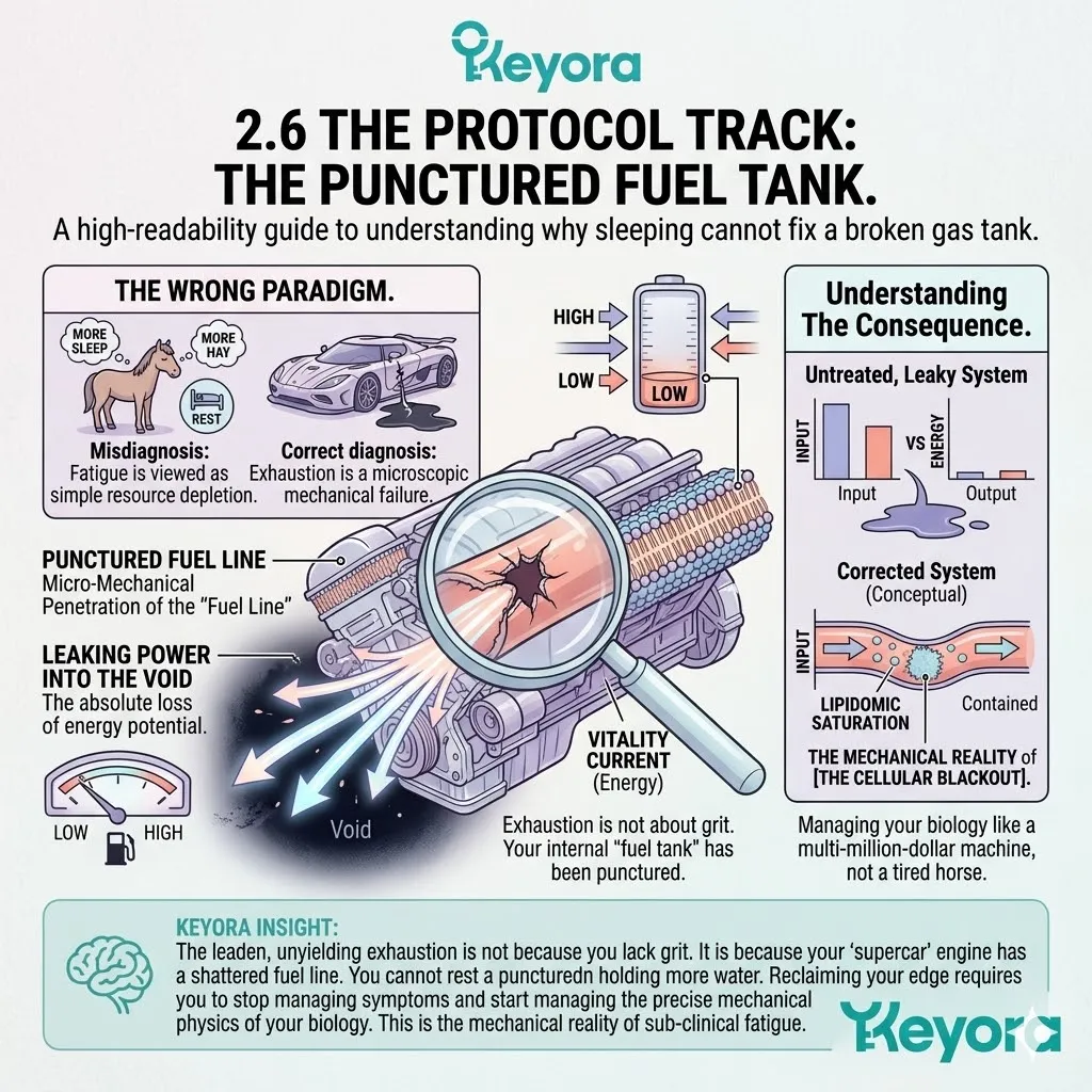 Mitochondrial hardware failure acts like a punctured fuel tank during a Neuro-Endocrine Storm, requiring a systemic regulator to stop the power leak. Mitochondrial hardware failure acts like a punctured fuel tank during a Neuro-Endocrine Storm, requiring a systemic regulator to stop the power leak.