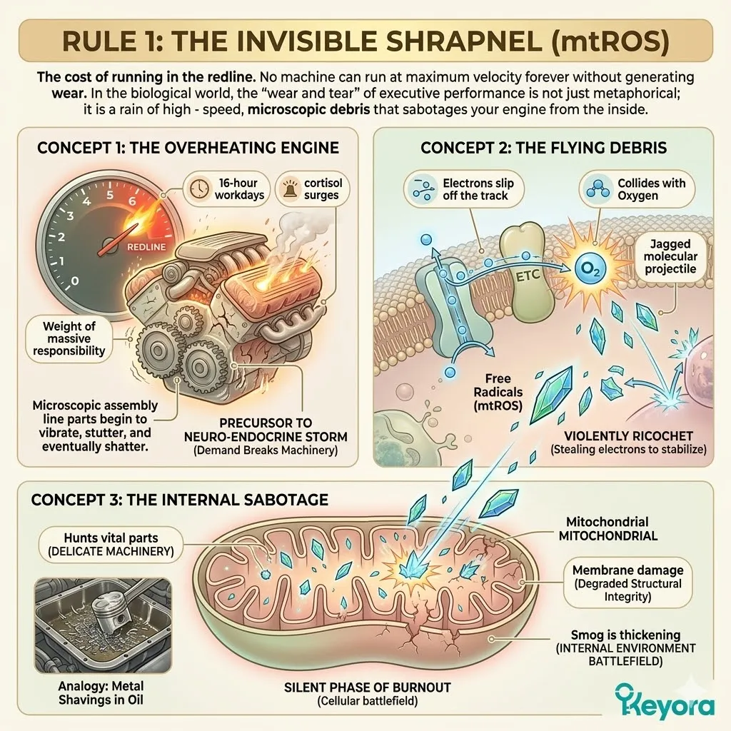 Mitochondrial reactive oxygen species act as invisible shrapnel during executive overdrive, causing internal sabotage and structural degradation of the engine. Mitochondrial reactive oxygen species act as invisible shrapnel during executive overdrive, causing internal sabotage and structural degradation of the engine.