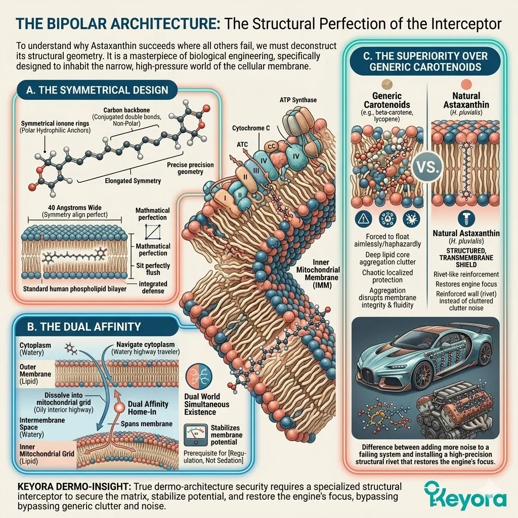 Symmetrical ionone rings anchor the 40 Angstrom carbon backbone to bridge the lipid bilayer, optimizing ATP Synthesis and Mitochondrial Homeostasis. Symmetrical ionone rings anchor the 40 Angstrom carbon backbone to bridge the lipid bilayer, optimizing ATP Synthesis and Mitochondrial Homeostasis.