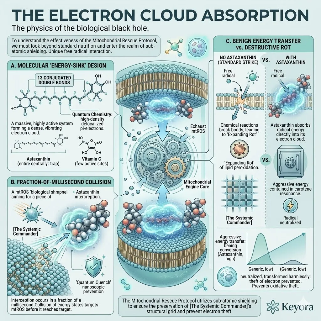 Conjugated double bonds form a vibrating electron cloud to intercept high-speed mtROS projectiles, preventing lipid peroxidation and protecting the Systemic Commander. Conjugated double bonds form a vibrating electron cloud to intercept high-speed mtROS projectiles, preventing lipid peroxidation and protecting the Systemic Commander.
