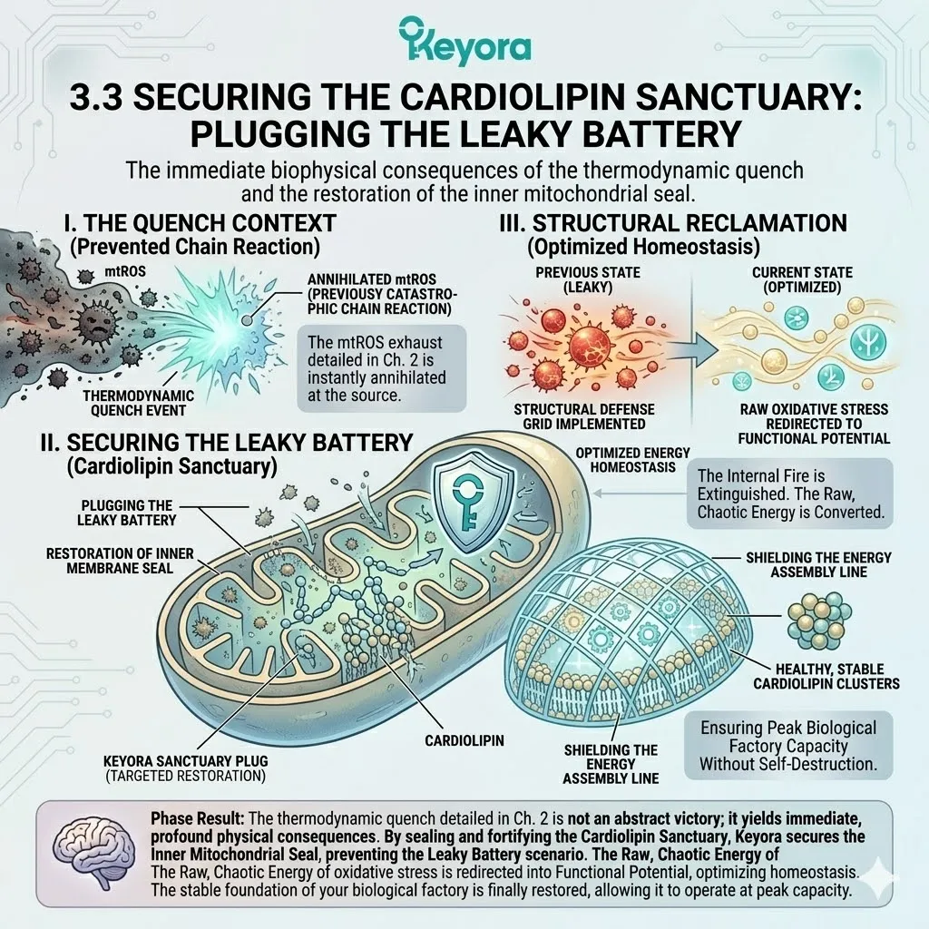 Thermodynamic quench halts the catastrophic chain reaction to secure the Cardiolipin sanctuary and restore ATP Synthesis within the inner mitochondrial seal. Thermodynamic quench halts the catastrophic chain reaction to secure the Cardiolipin sanctuary and restore ATP Synthesis within the inner mitochondrial seal.