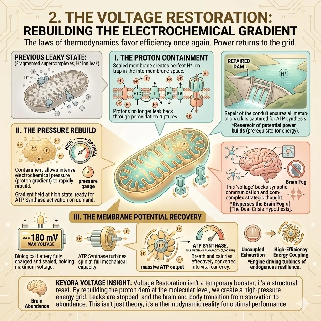Proton containment within the sealed intermembrane space restores electrochemical pressure and rebuilds membrane potential to negative 180 millivolts for ATP synthesis. Proton containment within the sealed intermembrane space restores electrochemical pressure and rebuilds membrane potential to negative 180 millivolts for ATP synthesis.