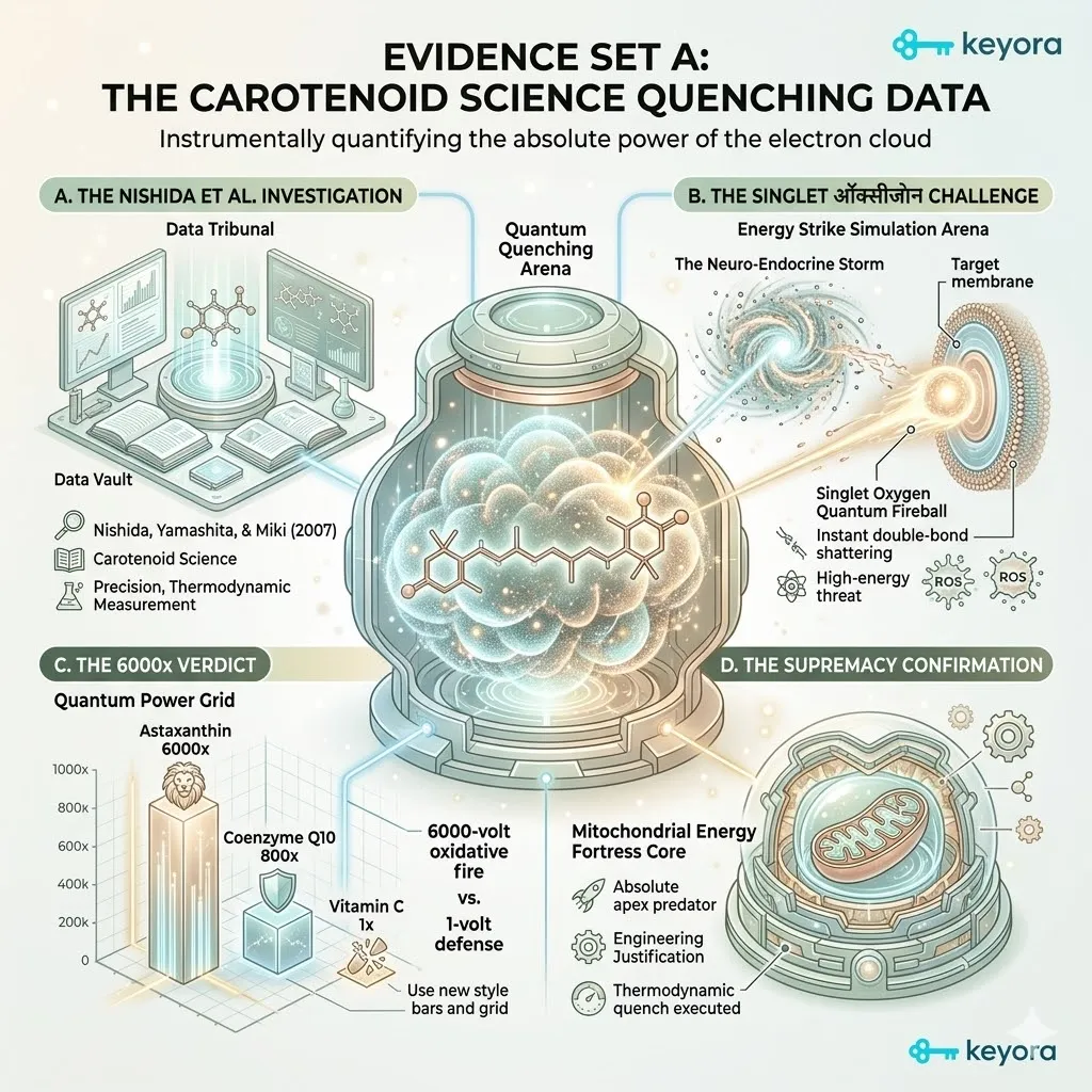 Nishida et al. (2007) data quantifies Astaxanthin with 6000x the quenching power of Vitamin C, securing the electron cloud against Singlet Oxygen arsonists. Nishida et al. (2007) data quantifies Astaxanthin with 6000x the quenching power of Vitamin C, securing the electron cloud against Singlet Oxygen arsonists.