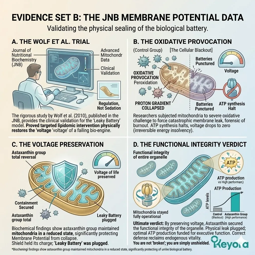 Wolf et al. (2010) JNB data validates Astaxanthin preservation of Mitochondrial Membrane Potential to halt the Cellular Blackout and sustain ATP production. Wolf et al. (2010) JNB data validates Astaxanthin preservation of Mitochondrial Membrane Potential to halt the Cellular Blackout and sustain ATP production.