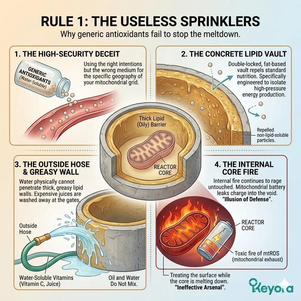 Water-soluble vitamins fail to penetrate the lipid concrete bunker, leaving the raging core fire of mtROS to dismantle mitochondrial homeostasis and ATP synthesis. Water-soluble vitamins fail to penetrate the lipid concrete bunker, leaving the raging core fire of mtROS to dismantle mitochondrial homeostasis and ATP synthesis.