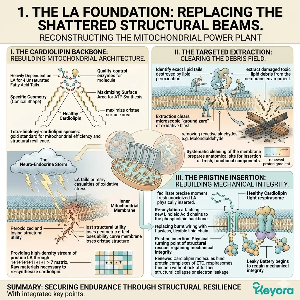 Systemic Regulator re-acylation of tetra-linoleoyl-cardiolipin anchors the Four-Drive System to restore cristae geometry and maximize ATP Synthesis density. Systemic Regulator re-acylation of tetra-linoleoyl-cardiolipin anchors the Four-Drive System to restore cristae geometry and maximize ATP Synthesis density.