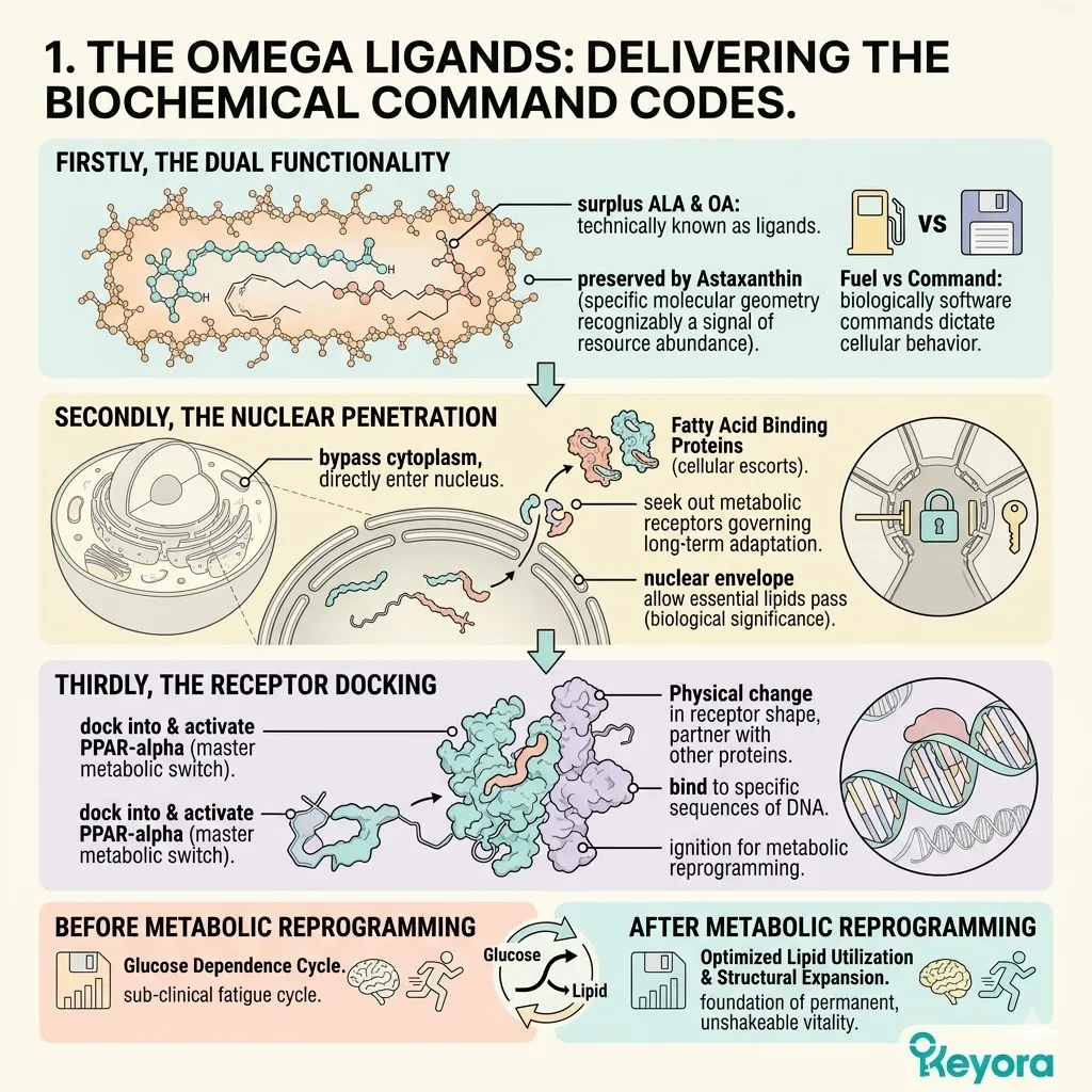 Systemic Regulator Omega ligands dock into PPAR-alpha receptors to execute the biochemical command codes for Biogenesis and high-density lipid utilization. Systemic Regulator Omega ligands dock into PPAR-alpha receptors to execute the biochemical command codes for Biogenesis and high-density lipid utilization.
