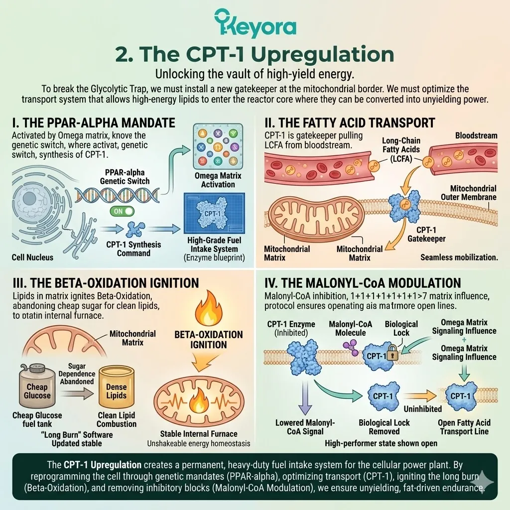 Systemic Regulator upregulation of CPT-1 removes the Malonyl-CoA lock to ignite Beta-Oxidation and prioritize high-yield lipid transport for ATP Synthesis. Systemic Regulator upregulation of CPT-1 removes the Malonyl-CoA lock to ignite Beta-Oxidation and prioritize high-yield lipid transport for ATP Synthesis.