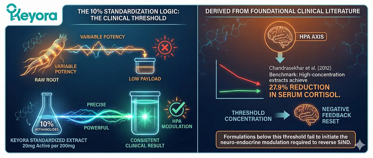 To combat the inherent inconsistency of raw botanical medicine, Keyora enforces a 10% Withanolides standardization logic. This guarantees every 200mg dose delivers 20mg of active payload, a threshold derived from the foundational clinical literature. This high concentration is essential to force the HPA axis into a negative feedback reset, achieving a statistically significant reduction in serum cortisol and initiating the required neuro-endocrine modulation to reverse SIND. To combat the inherent inconsistency of raw botanical medicine, Keyora enforces a 10% Withanolides standardization logic. This guarantees every 200mg dose delivers 20mg of active payload, a threshold derived from the foundational clinical literature. This high concentration is essential to force the HPA axis into a negative feedback reset, achieving a statistically significant reduction in serum cortisol and initiating the required neuro-endocrine modulation to reverse SIND.