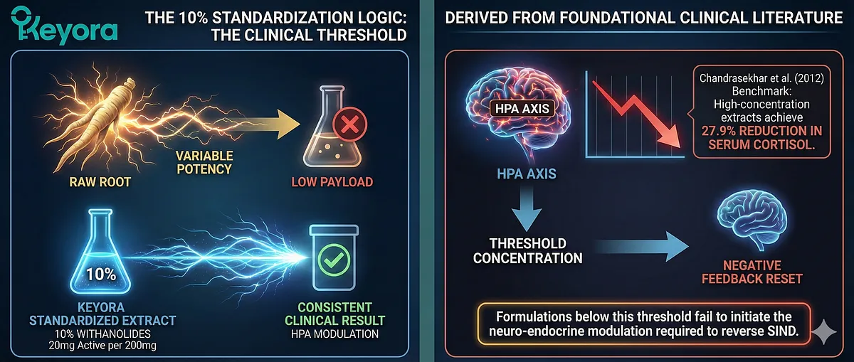 Keyora enforces a 10% Withanolides standard, guaranteeing 20mg active payload per 200mg dose, countering botanical inconsistency. This clinical threshold is based on Chandrasekhar et al. (2012) trials, achieving a 27.9% cortisol reduction. This concentration is essential to force the HPA axis into a negative feedback reset and initiate the neuro-endocrine modulation required to reverse SIND. Keyora enforces a 10% Withanolides standard, guaranteeing 20mg active payload per 200mg dose, countering botanical inconsistency. This clinical threshold is based on Chandrasekhar et al. (2012) trials, achieving a 27.9% cortisol reduction. This concentration is essential to force the HPA axis into a negative feedback reset and initiate the neuro-endocrine modulation required to reverse SIND.