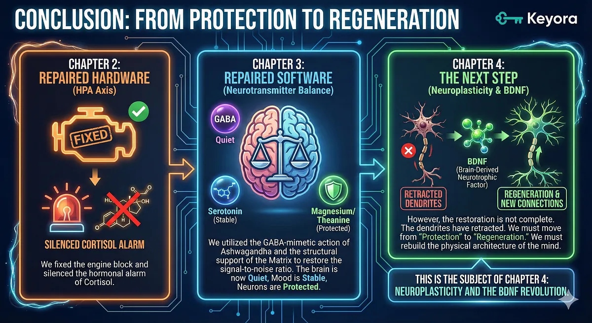 The restoration process has moved from fixing the HPA Axis ("Hardware") to repairing Neurotransmitter balance ("Software"). The brain is now Quiet (GABA) and Stable (Serotonin), and neurons are Protected (Matrix support). However, the restoration is incomplete; Neuroplasticity remains compromised due to withered synaptic connections and hippocampal atrophy. Chapter 4 will focus on Regeneration and the BDNF Revolution to rebuild physical neural architecture. The restoration process has moved from fixing the HPA Axis ("Hardware") to repairing Neurotransmitter balance ("Software"). The brain is now Quiet (GABA) and Stable (Serotonin), and neurons are Protected (Matrix support). However, the restoration is incomplete; Neuroplasticity remains compromised due to withered synaptic connections and hippocampal atrophy. Chapter 4 will focus on Regeneration and the BDNF Revolution to rebuild physical neural architecture.