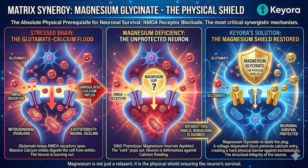 ALT Text (199 Characters) Magnesium Glycinate provides the Physical Shield by acting as a Voltage-Dependent Block for the NMDA Receptor. In the stressed brain, Magnesium depletion leaves the channel open, causing lethal Calcium (Ca2+) influx and Excitotoxicity ("Neural Sizzling"). Re-introducing Magnesium re-seats the "cork in a bottle," establishing a hard physical barrier critical for neuronal survival and preventing the incineration of new neurons. ALT Text (199 Characters) Magnesium Glycinate provides the Physical Shield by acting as a Voltage-Dependent Block for the NMDA Receptor. In the stressed brain, Magnesium depletion leaves the channel open, causing lethal Calcium (Ca2+) influx and Excitotoxicity ("Neural Sizzling"). Re-introducing Magnesium re-seats the "cork in a bottle," establishing a hard physical barrier critical for neuronal survival and preventing the incineration of new neurons.