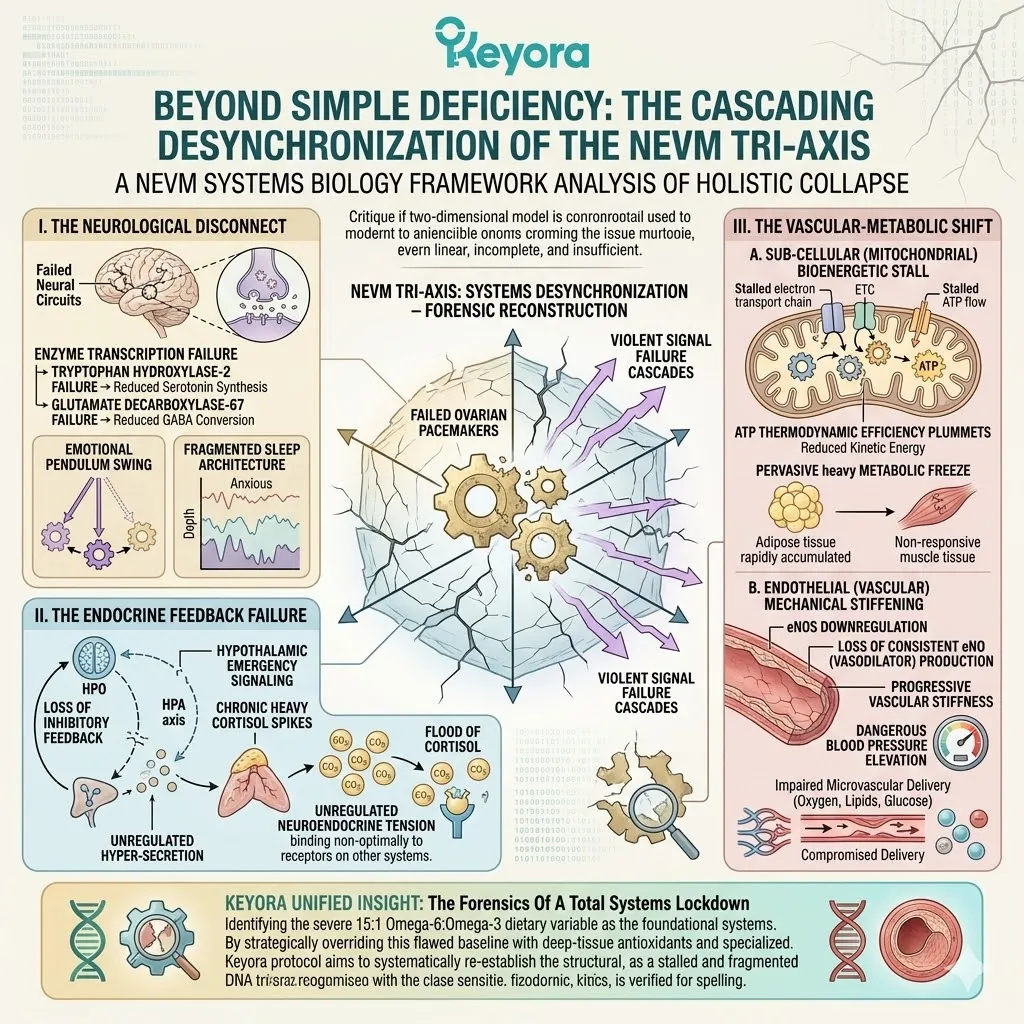 Keyora NEVM Tri-Axis analysis mapping ATP Synthesis and eNOS activation to resolve the Neuro-Endocrine Storm and restore metabolic sovereignty. Keyora NEVM Tri-Axis analysis mapping ATP Synthesis and eNOS activation to resolve the Neuro-Endocrine Storm and restore metabolic sovereignty.