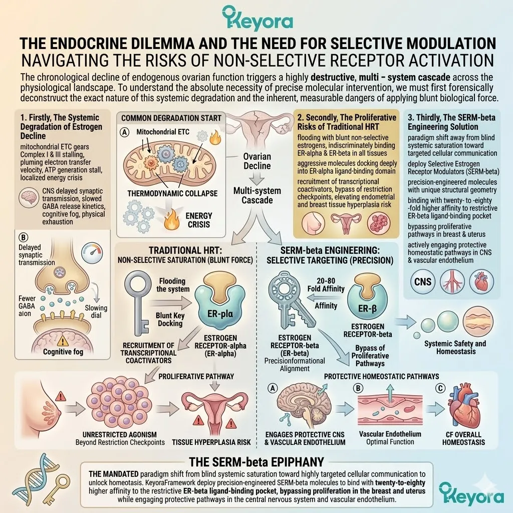 SERM-beta molecular engineering bypasses proliferative alpha-pathways to restore mitochondrial ATP synthesis and resolve systemic neuro-endocrine storm tension. SERM-beta molecular engineering bypasses proliferative alpha-pathways to restore mitochondrial ATP synthesis and resolve systemic neuro-endocrine storm tension.