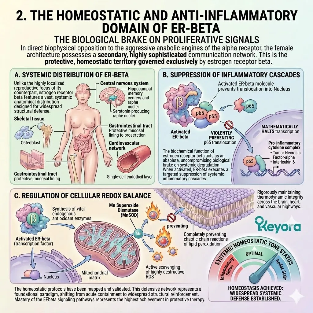 ER-beta activation sequesters the p65 subunit of NF-kappaB to silence systemic inflammatory tone and restore mitochondrial manganese superoxide dismutase regulation. ER-beta activation sequesters the p65 subunit of NF-kappaB to silence systemic inflammatory tone and restore mitochondrial manganese superoxide dismutase regulation.