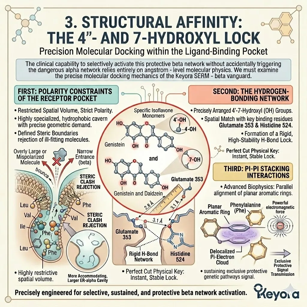 Isoflavone 4-prime and 7-hydroxyl clusters anchor to Glutamate 353 and Histidine 524 via pi-pi stacking to secure ER-beta selective neurological sovereignty. Isoflavone 4-prime and 7-hydroxyl clusters anchor to Glutamate 353 and Histidine 524 via pi-pi stacking to secure ER-beta selective neurological sovereignty.