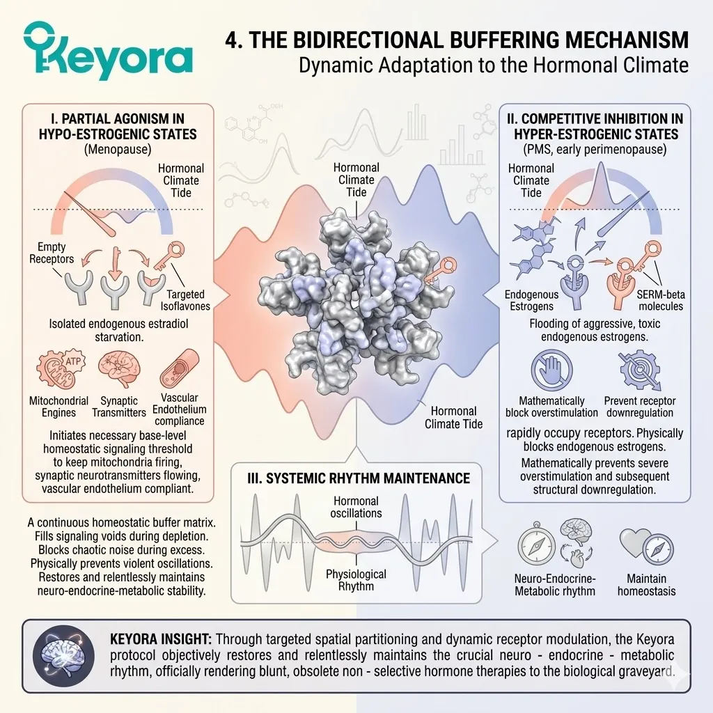 Partial agonism and competitive inhibition at the ER-beta site prevent receptor downregulation to restore systemic regulator neuro-endocrine-metabolic rhythm. Partial agonism and competitive inhibition at the ER-beta site prevent receptor downregulation to restore systemic regulator neuro-endocrine-metabolic rhythm.