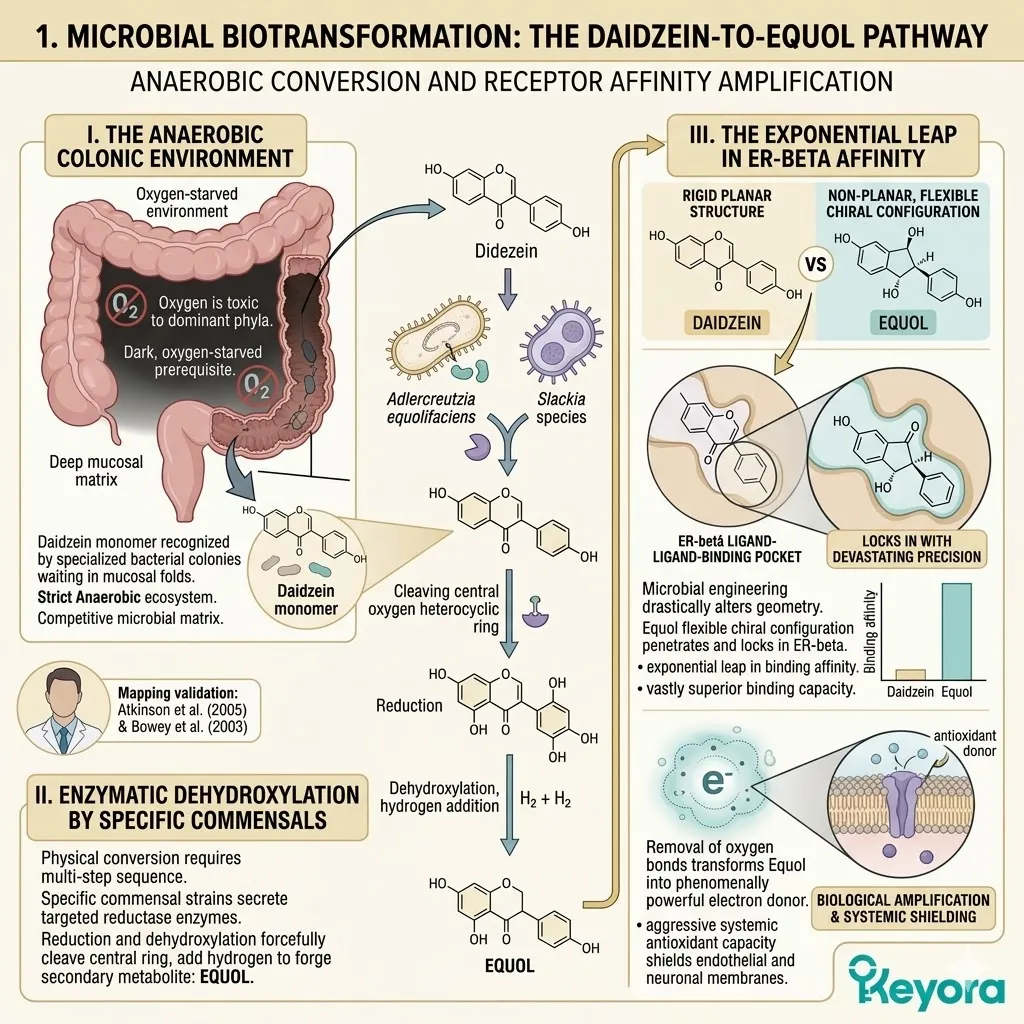 Anaerobic enzymatic dehydroxylation of daidzein to equol amplifies ER-beta affinity, securing systemic regulator neurological sovereignty and recovery. Anaerobic enzymatic dehydroxylation of daidzein to equol amplifies ER-beta affinity, securing systemic regulator neurological sovereignty and recovery.