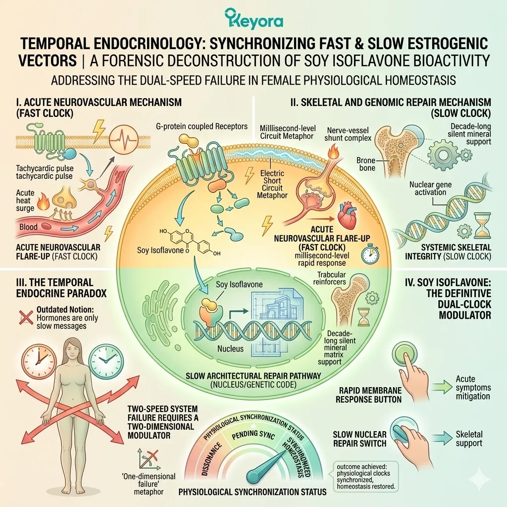 Dual-clock soy isoflavone bioactivity acts as a Systemic Regulator of estrogenic vectors to suppress neuro-endocrine storms and secure bone stability. Dual-clock soy isoflavone bioactivity acts as a Systemic Regulator of estrogenic vectors to suppress neuro-endocrine storms and secure bone stability.