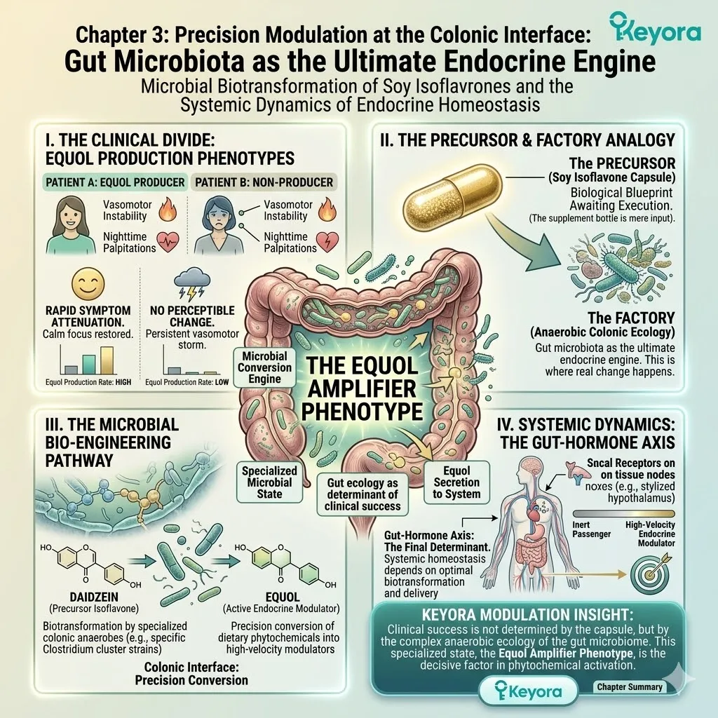Gut microbial biotransformation converts soy precursors into Equol to stabilize the Four-Drive System and terminate the neuro-endocrine storm via colonic interface modulation. Gut microbial biotransformation converts soy precursors into Equol to stabilize the Four-Drive System and terminate the neuro-endocrine storm via colonic interface modulation.