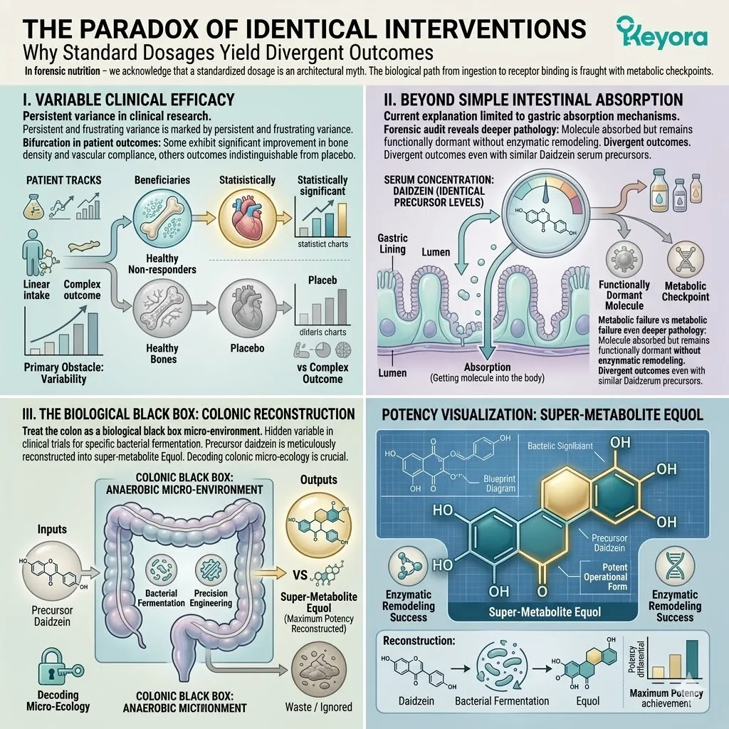 Microbial biotransformation within the colonic black box converts daidzein into Equol to resolve metabolic checkpoints and ensure Systemic Regulator efficacy. Microbial biotransformation within the colonic black box converts daidzein into Equol to resolve metabolic checkpoints and ensure Systemic Regulator efficacy.