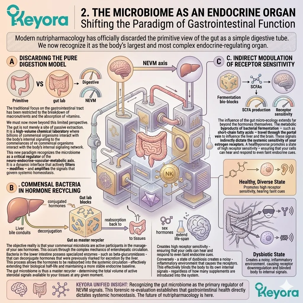 Microbial beta-glucuronidase enzymes driving enterohepatic circulation manage hormone recycling to maintain the Four-Drive System and ensure systemic homeostasis. Microbial beta-glucuronidase enzymes driving enterohepatic circulation manage hormone recycling to maintain the Four-Drive System and ensure systemic homeostasis.