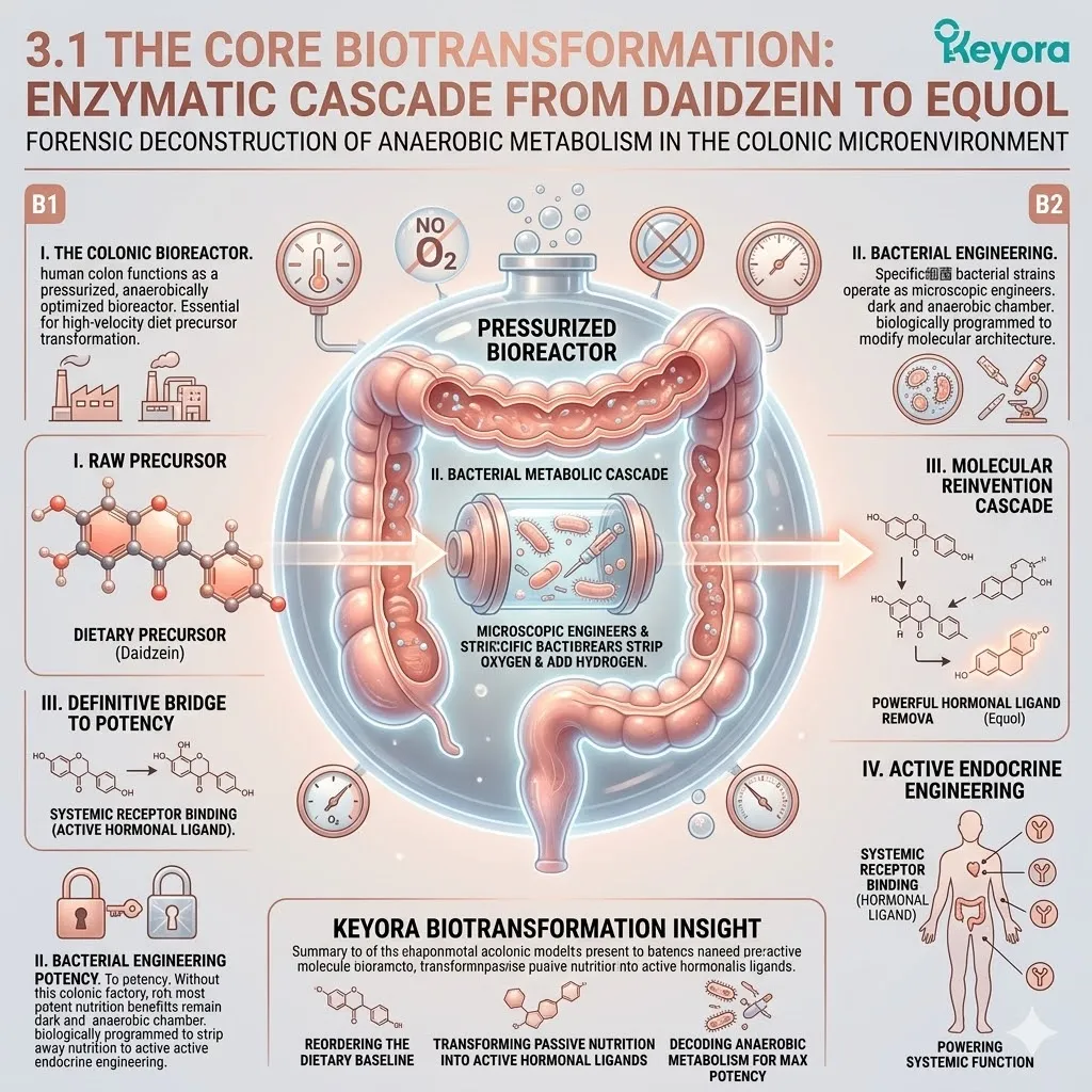 Anaerobic enzymatic remodeling of daidzein into Equol creates a Systemic Regulator to terminate the neuro-endocrine storm and ensure sovereignty. Anaerobic enzymatic remodeling of daidzein into Equol creates a Systemic Regulator to terminate the neuro-endocrine storm and ensure sovereignty.