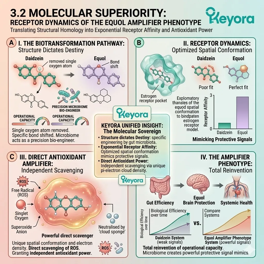 Structural reinvention of daidzein into Equol drives exponential receptor affinity to calibrate the Systemic Regulator and end the neuro-endocrine storm. Structural reinvention of daidzein into Equol drives exponential receptor affinity to calibrate the Systemic Regulator and end the neuro-endocrine storm.