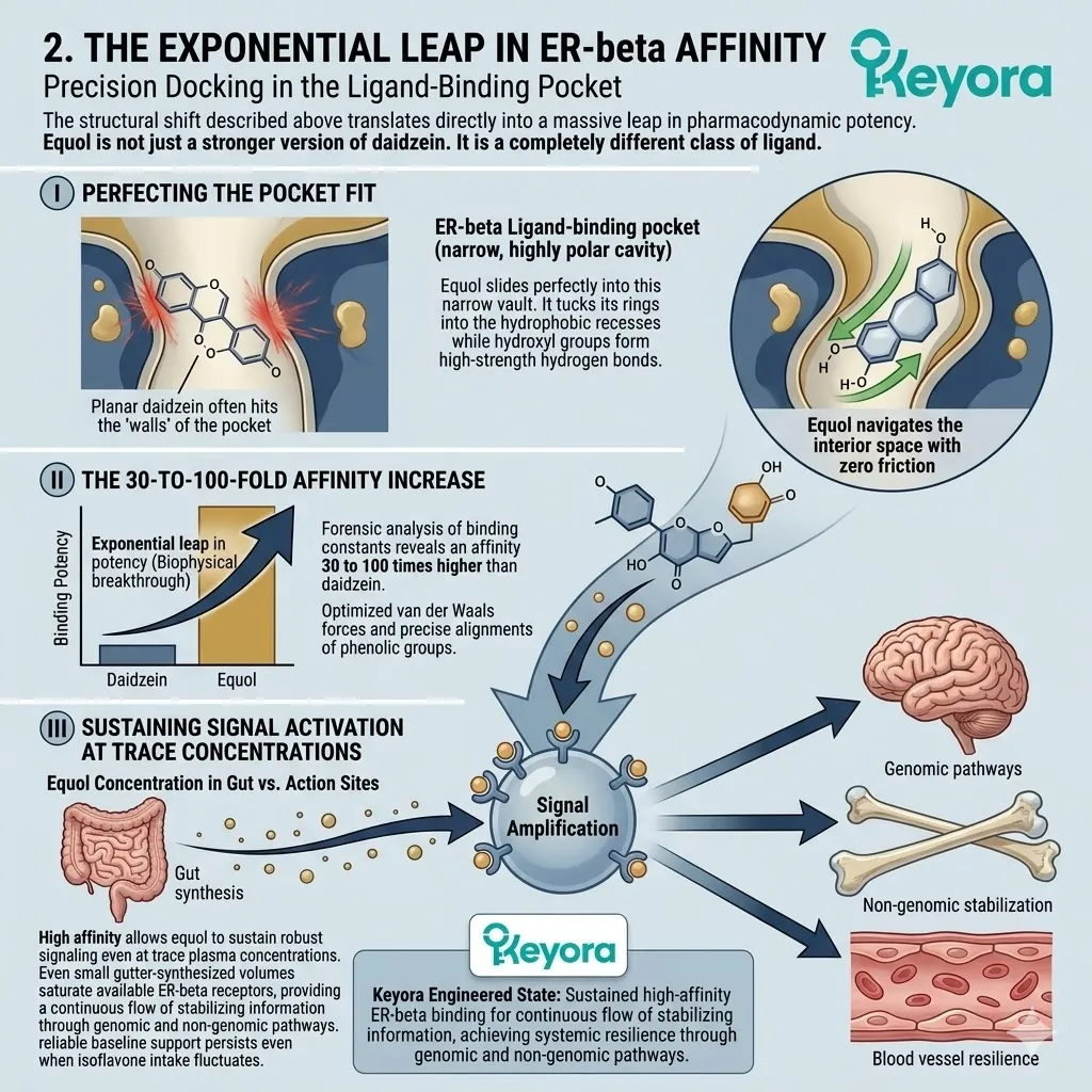 Equol’s non-planar docking in the ER-beta pocket drives a 100x affinity leap, reinforcing the Systemic Regulator against the neuro-endocrine storm. Equol’s non-planar docking in the ER-beta pocket drives a 100x affinity leap, reinforcing the Systemic Regulator against the neuro-endocrine storm.