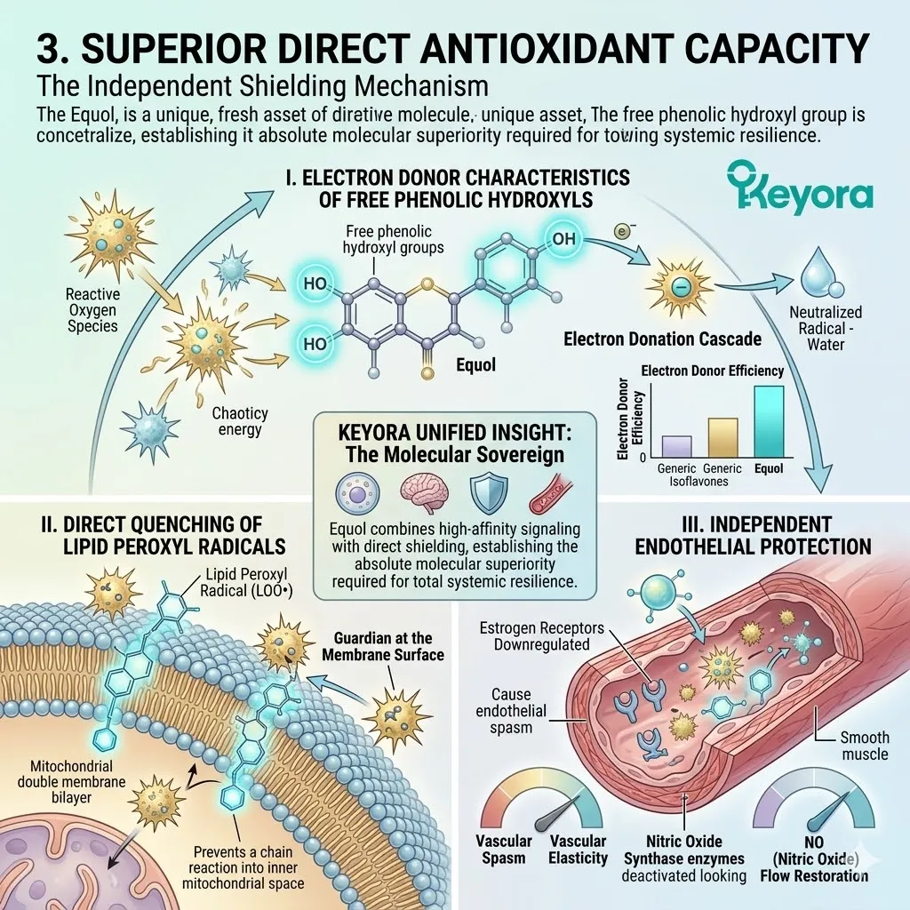 Equol hydroxyls quench lipid radicals to preserve ATP synthesis and Neuroplasticity, establishing Systemic Regulator power in the Four-Drive System. Equol hydroxyls quench lipid radicals to preserve ATP synthesis and Neuroplasticity, establishing Systemic Regulator power in the Four-Drive System.
