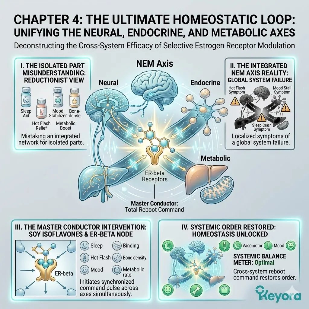 Keyora SERM modulation at the Beta node triggers the NEVM axis synchronization to neutralize the Neuro-Endocrine Storm and secure systemic order. Keyora SERM modulation at the Beta node triggers the NEVM axis synchronization to neutralize the Neuro-Endocrine Storm and secure systemic order.