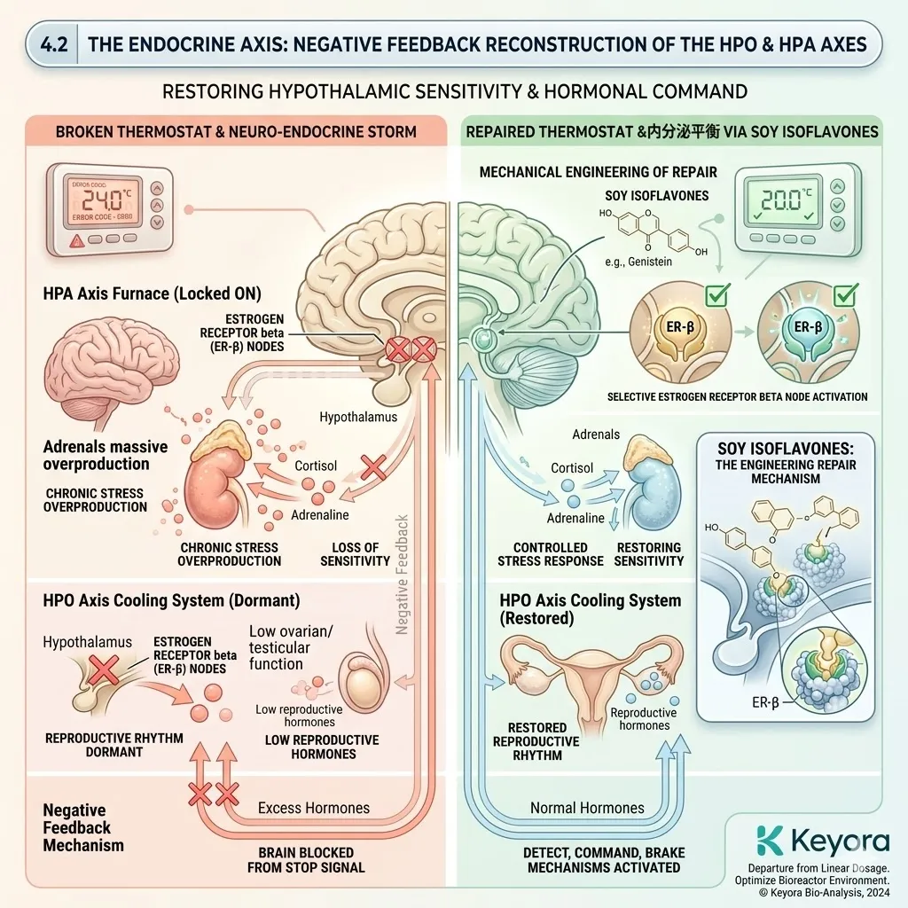 Keyora Systemic Regulator repairs HPO/HPA axes via ER-beta to stabilize the Four-Drive System, neutralizing the Neuro-Endocrine Storm. Keyora Systemic Regulator repairs HPO/HPA axes via ER-beta to stabilize the Four-Drive System, neutralizing the Neuro-Endocrine Storm.