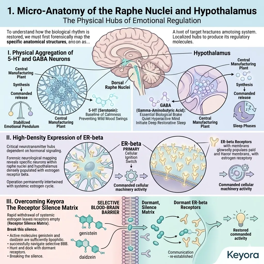 Isoflavones cross the blood-brain barrier to activate ER-beta receptors in the raphe nuclei, bypassing the receptor silence matrix to restart 5-HT synthesis. Isoflavones cross the blood-brain barrier to activate ER-beta receptors in the raphe nuclei, bypassing the receptor silence matrix to restart 5-HT synthesis.