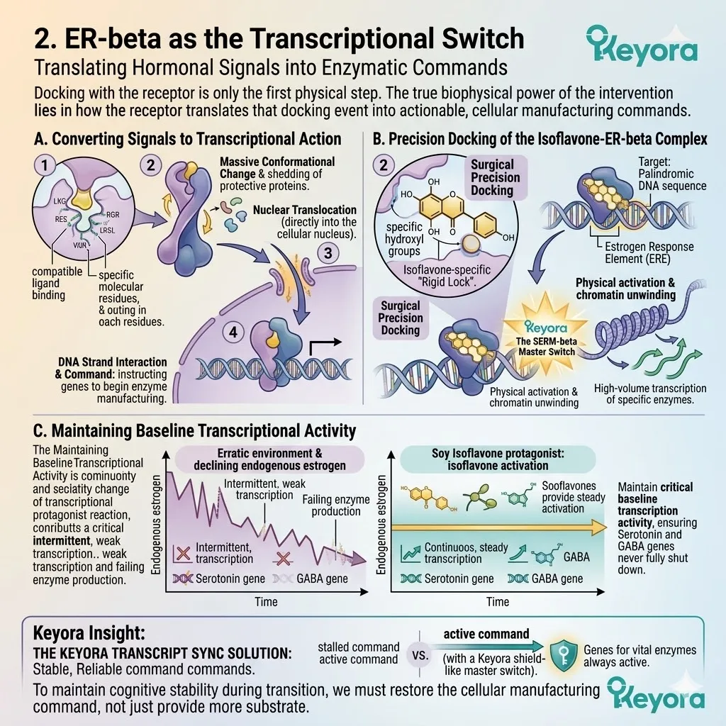 Isoflavones activate the SERM-beta master switch to drive nuclear translocation and enzymatic transcription, neutralizing the neuro-endocrine storm. Isoflavones activate the SERM-beta master switch to drive nuclear translocation and enzymatic transcription, neutralizing the neuro-endocrine storm.