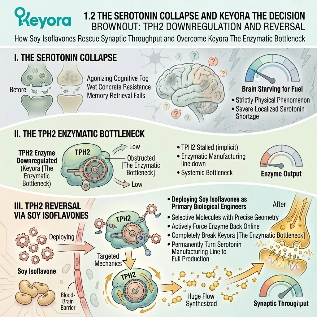 Isoflavones reactivate TPH2 enzymes to eliminate the enzymatic bottleneck and synaptic throughput collapse, restoring high-volume serotonin production. Isoflavones reactivate TPH2 enzymes to eliminate the enzymatic bottleneck and synaptic throughput collapse, restoring high-volume serotonin production.