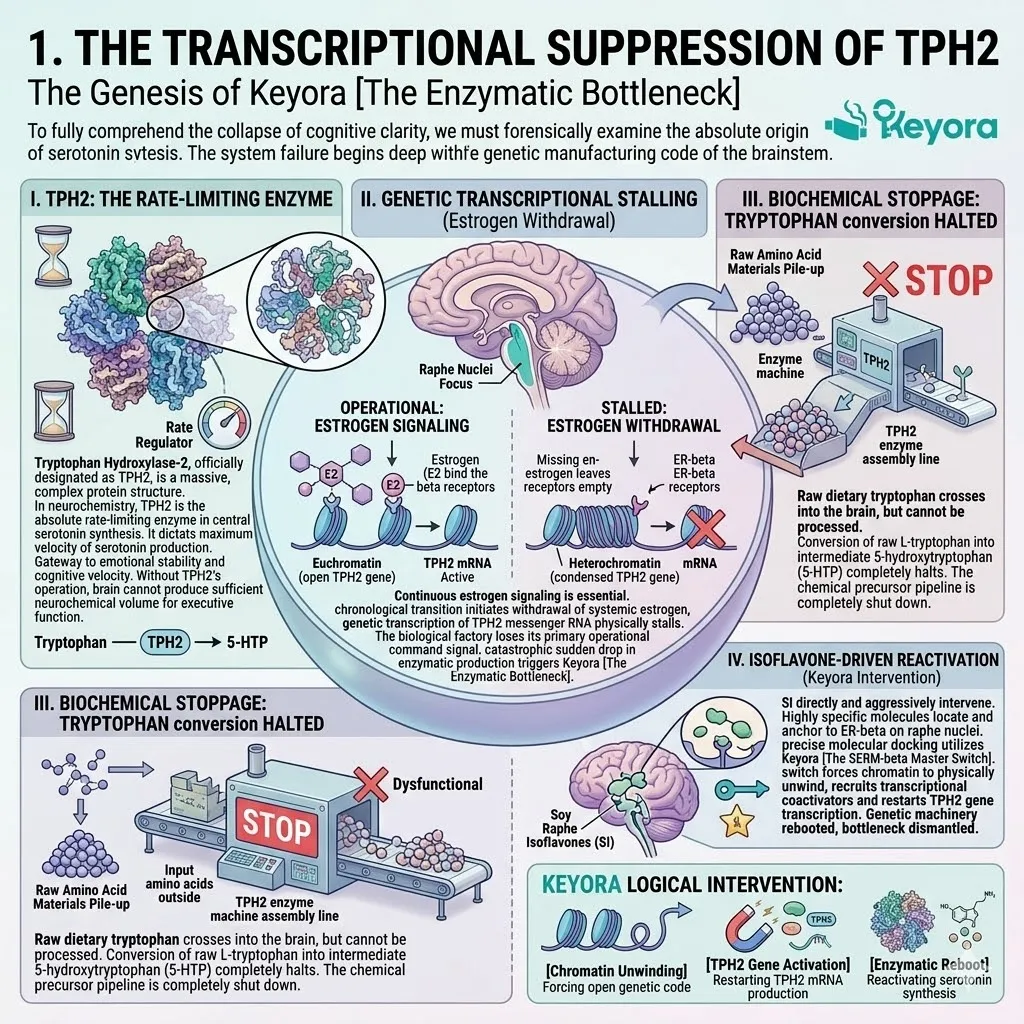 Isoflavones activate the SERM-beta master switch to restart TPH2 genetic transcription, clearing the enzymatic bottleneck and precursor pipeline stoppage. Isoflavones activate the SERM-beta master switch to restart TPH2 genetic transcription, clearing the enzymatic bottleneck and precursor pipeline stoppage.