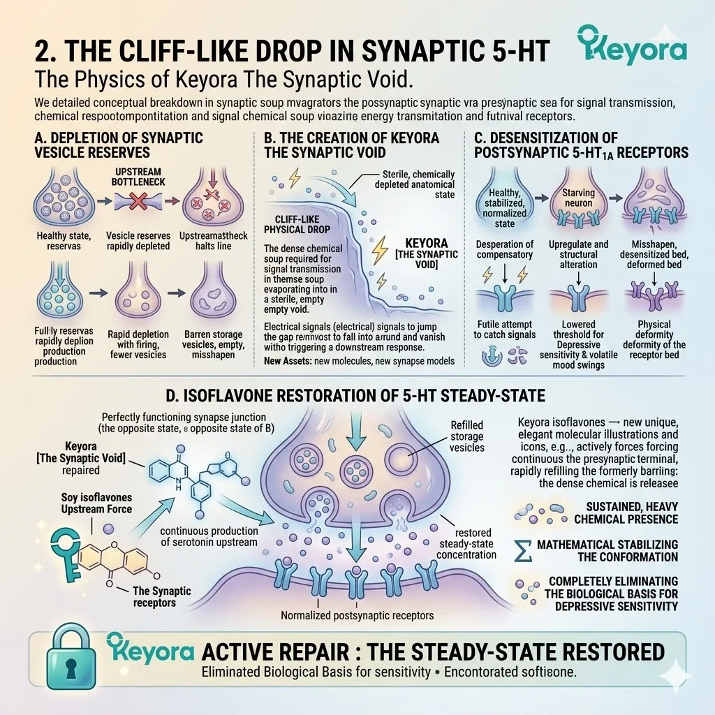 Isoflavones refill barren presynaptic vesicles and repair the synaptic void by restoring 5-HT steady-state and stabilizing postsynaptic receptor conformation. Isoflavones refill barren presynaptic vesicles and repair the synaptic void by restoring 5-HT steady-state and stabilizing postsynaptic receptor conformation.