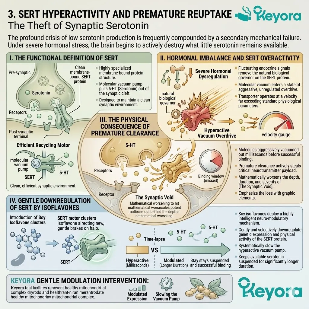 Isoflavones downregulate hyperactive SERT proteins to prevent premature serotonin clearance, extending synaptic payload duration and neutralizing the synaptic void. Isoflavones downregulate hyperactive SERT proteins to prevent premature serotonin clearance, extending synaptic payload duration and neutralizing the synaptic void.