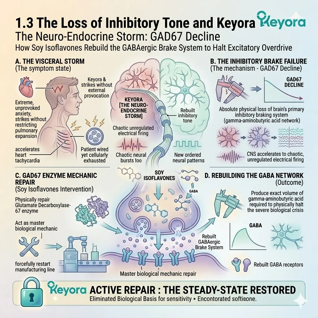 Isoflavones repair GAD67 enzymes to rebuild the GABAergic brake system, neutralizing excitatory overdrive and halting the systemic neuro-endocrine storm. Isoflavones repair GAD67 enzymes to rebuild the GABAergic brake system, neutralizing excitatory overdrive and halting the systemic neuro-endocrine storm.