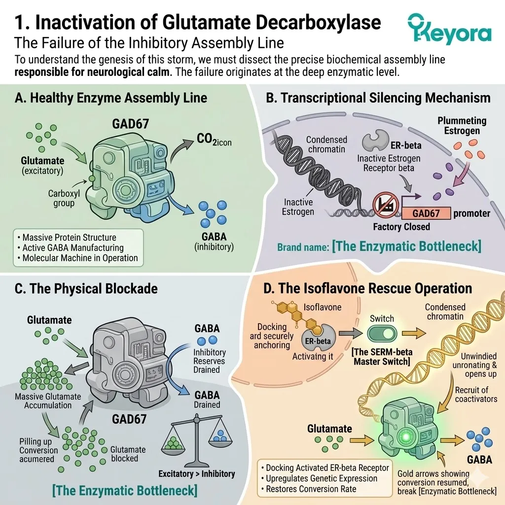 Isoflavones activate the SERM-beta master switch to upregulate GAD67, dismantling the enzymatic bottleneck and restoring the glutamate-to-GABA conversion rate. Isoflavones activate the SERM-beta master switch to upregulate GAD67, dismantling the enzymatic bottleneck and restoring the glutamate-to-GABA conversion rate.