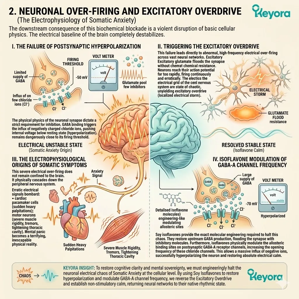 Isoflavones modulate GABA-A channel frequency to trigger postsynaptic hyperpolarization, halting neuronal over-firing and neutralizing the somatic anxiety cascade. Isoflavones modulate GABA-A channel frequency to trigger postsynaptic hyperpolarization, halting neuronal over-firing and neutralizing the somatic anxiety cascade.