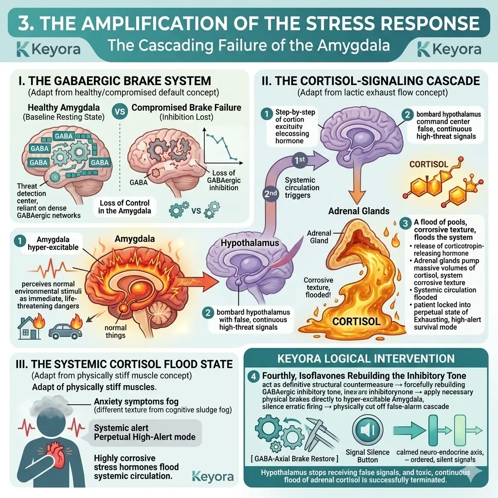Isoflavones restore GABAergic inhibitory tone to silence the hyper-excitable amygdala, terminating the false threat signals and corrosive cortisol flood. Isoflavones restore GABAergic inhibitory tone to silence the hyper-excitable amygdala, terminating the false threat signals and corrosive cortisol flood.
