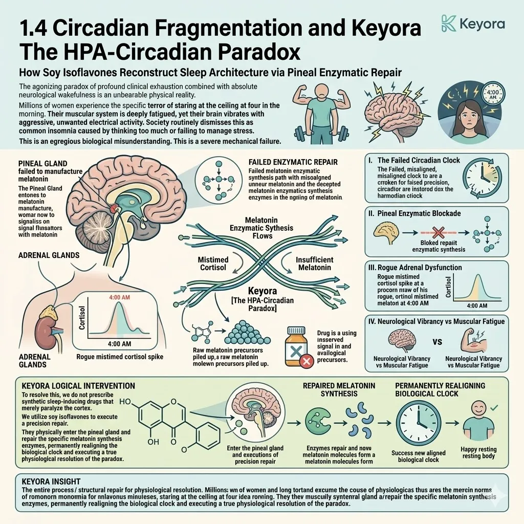 Isoflavones repair pineal enzymatic synthesis to resolve the HPA-circadian paradox, reconstructing sleep architecture by realigning melatonin and cortisol rhythms. Isoflavones repair pineal enzymatic synthesis to resolve the HPA-circadian paradox, reconstructing sleep architecture by realigning melatonin and cortisol rhythms.